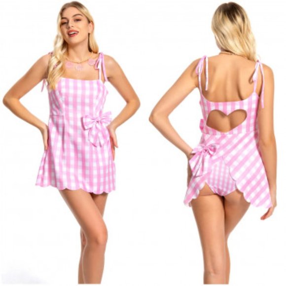 Barbie Dresses & Skirts - NWT Adorable Barbie Movie Pink Box Gingham Plaid Romper Halloween Costumes